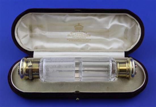 A Victorian silver gilt and panelled glass double ended scent bottle, 5.75in.